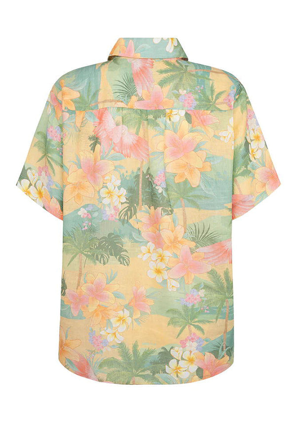 Breeze Hawaii Linen Blend Tropical Plants Printed Blouse and Elastic Waist Pocketed Shorts Set