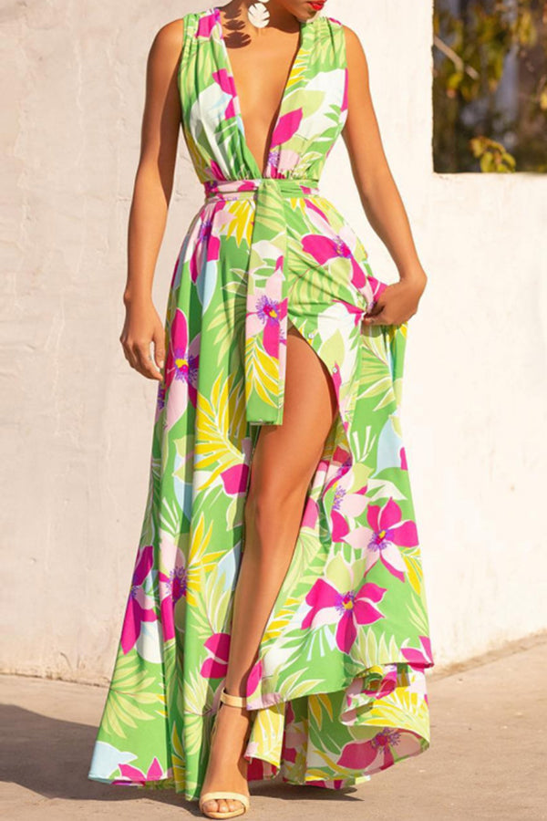 V-Neck Printed High Waist Swing Belt Dress