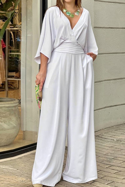 Fashionable V-neck elegant loose fitting jumpsuit