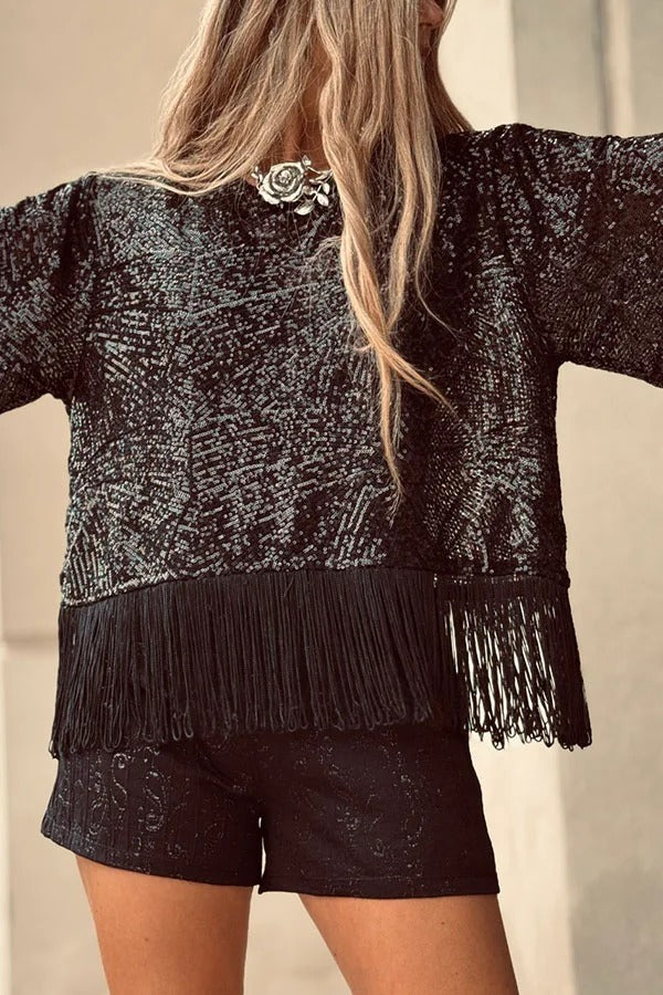 Full of Surprises Sequin Short Sleeve Tassle Trim Loose Top