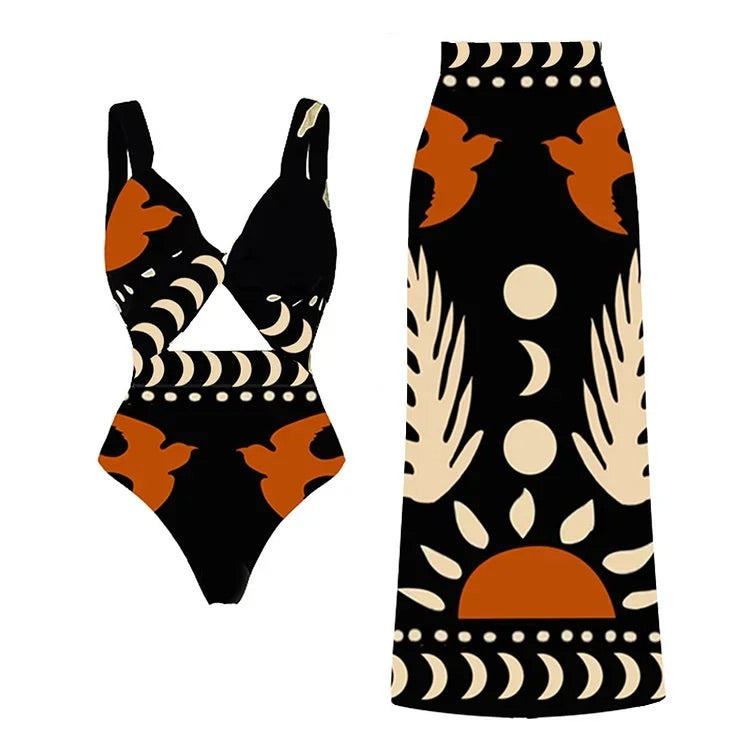 Maillot de bain une pièce imprimé à découpes et col en V avec jupe 