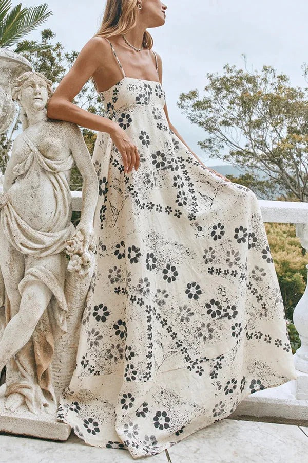 Robe longue dos nu à bretelles et imprimé floral en mélange de lin