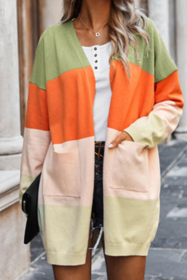 Contrasting rainbow paneled striped long cardigan sweater with pockets