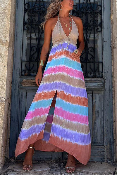 Debby Tie Dye Print Center Slit Halter Maxi Dress