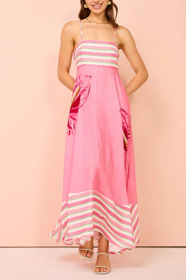 Robe longue trapèze à rayures et imprimé floral dos nu