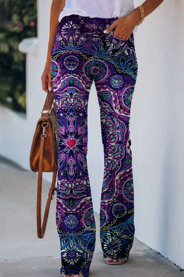 On A Drive Printed Faux Denim High Rise Flare Pants