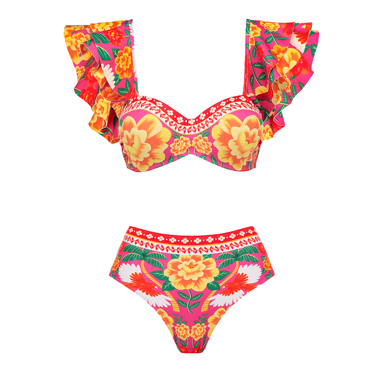 Maillot de bain bikini à imprimé contrasté et volants 