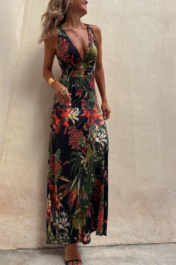 RAINFOREST PARADISE TROPICAL PRINT CUTOUT BACK CROSSOVER STRETCH-MAXIKLEID