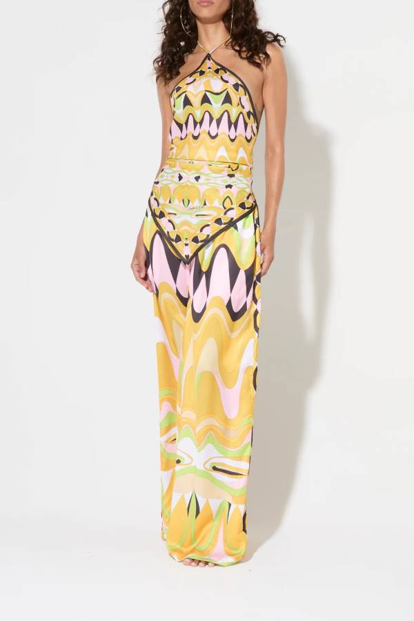 Jodie Unique Print Halter Scarf Tank and Elastic Waist Pocketed Wide Pants Set