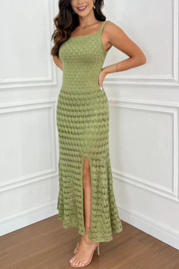 Superbe robe longue extensible à texture tricotée Gaze avec découpes à la taille et anneau sur le côté 