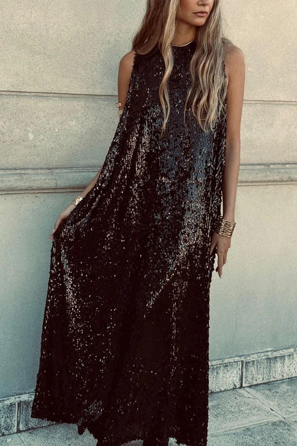 Twas The Night Sequin Round Neck Sleeveless Drape Loose Maxi Dress