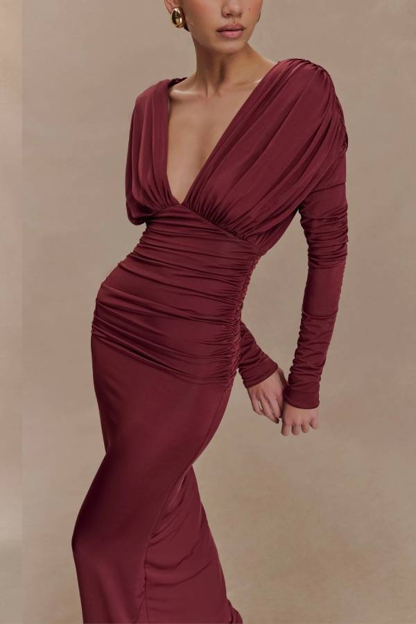 Burgundy Phantom Deep V Pleated Long Sleeve Evening Dress