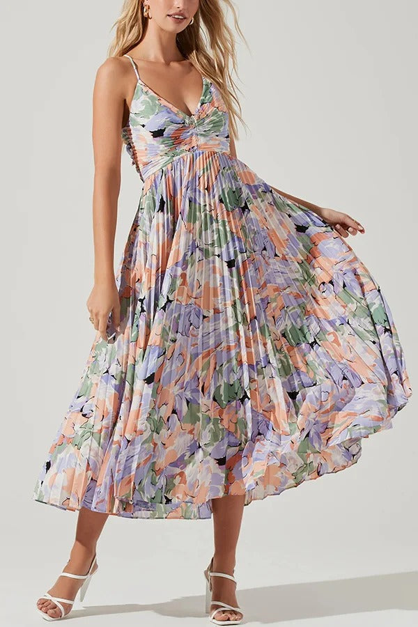 Robe mi-longue plissée à imprimé floral et à nouer dans le dos pour la saison des fêtes de mariage