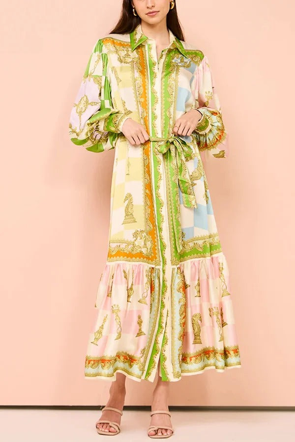 Robe longue en satin Garden Party à imprimé unique, manches ballon, ceinture et chemise