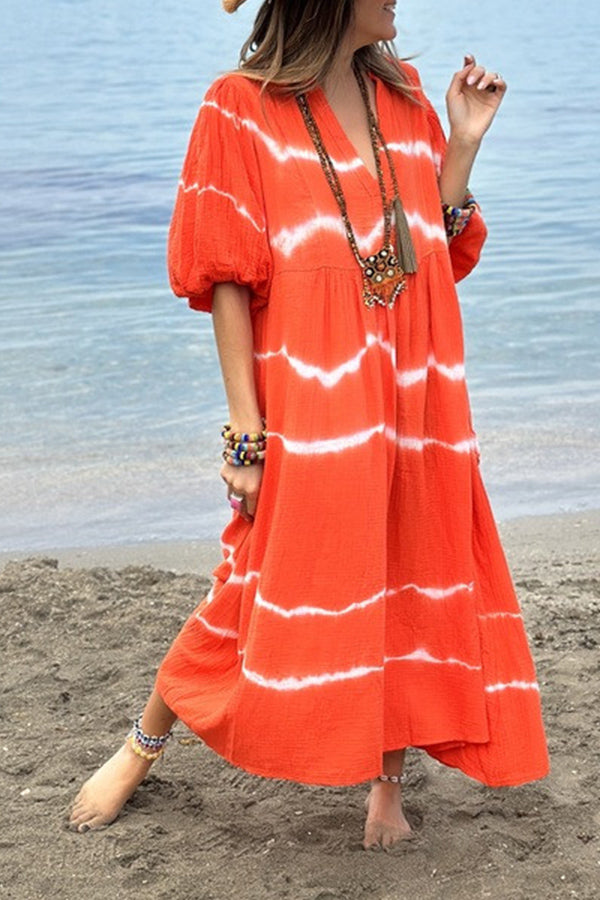 Striped tie-dye bubble half-sleeve V-neck casual dress