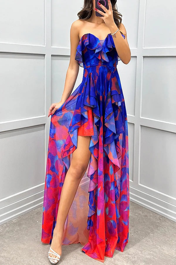 Robe longue fluide à volants superposés et imprimé dégradé Loving Moment, sans bretelles et fendue