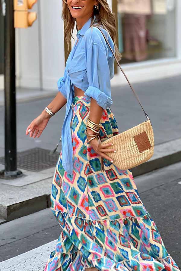 Ethnic Print Drawstring Elastic Waist Maxi Skirt