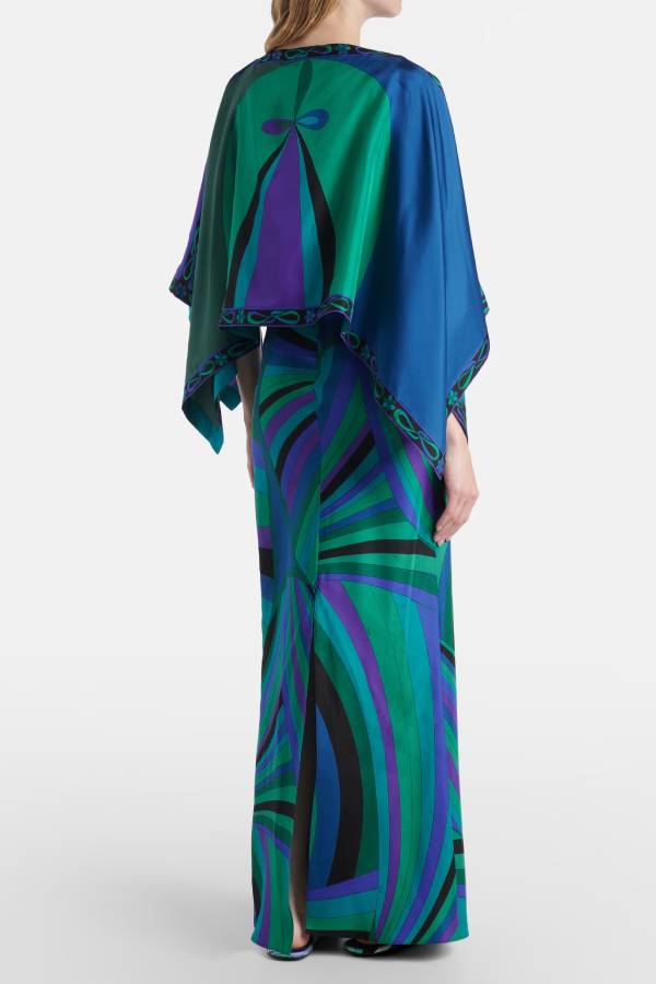 Mykonos Getaway Satin Unique Print Flowy Cape Sleeve Maxi Dress