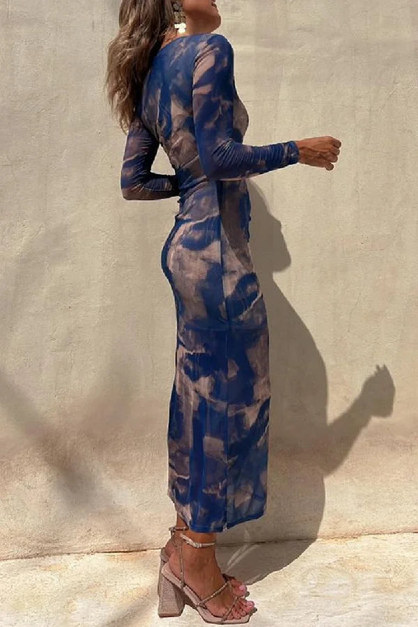 Charm Lady Mesh-Overlay Tie-Dye-Print Langärmliges, gerüschtes Stretch-Midikleid 