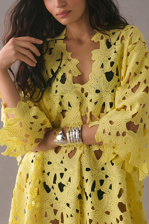 Robe de plage mi-longue à imprimé floral et dentelle à œillets « I Belong Here »