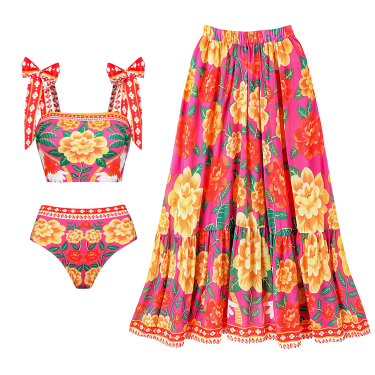 Maillot de bain bikini imprimé fleuri avec nœud papillon et épaules nouées 