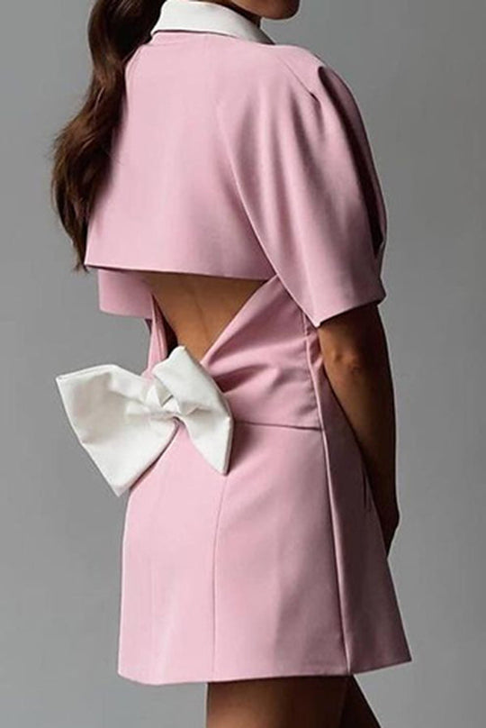 Stylish Contrast Lapel Backless Bow Shirt Style Pocket Mini Dress