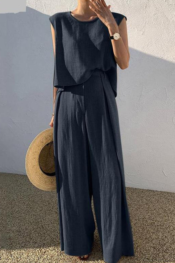 Fashion casual loose two-piece sleeveless top loose wide leg pants for women