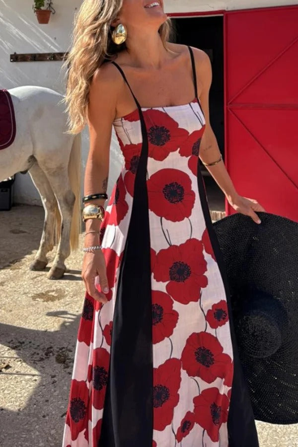 Robe longue plissée à bretelles et imprimé floral