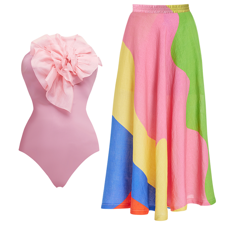 Maillot de bain une pièce et jupe en organza à décor floral 3D 