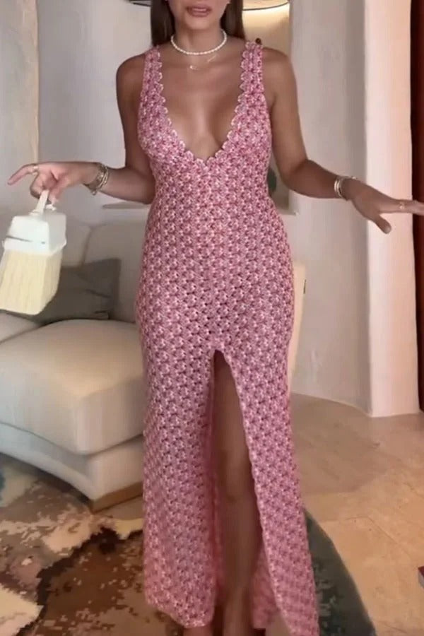 So Beachy Texture Print U-neck Wide Strap Slit Stretch Maxi Dress