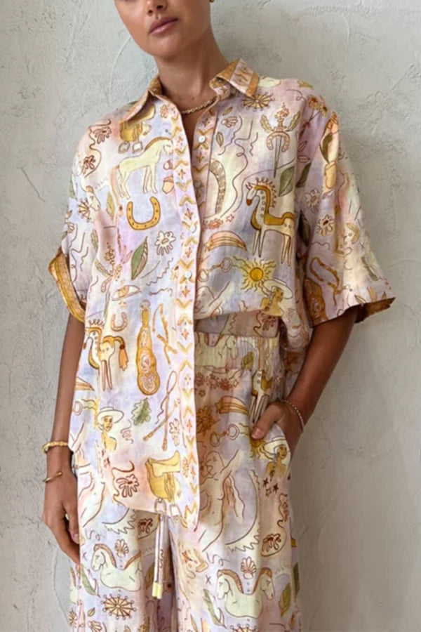 Sunshine Loving Linen Blend Mythological Pattern Button Down Oversized Blouse