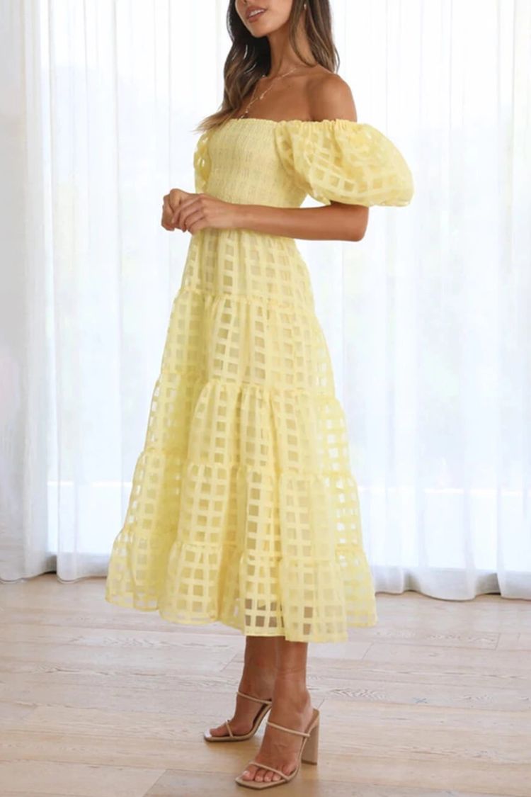 Fashionable One-Shoulder Chiffon Puff Sleeve Swing Midi Dress
