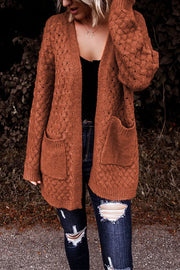 Brown Woven Texture Open Front Pockets Knit Cardigan