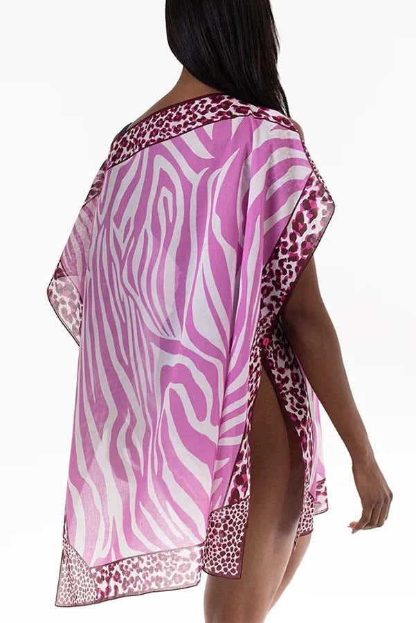 Leopard Mixed Zebra Unique Print One Shoulder Button Detail Loose Cover-up Mini Dress