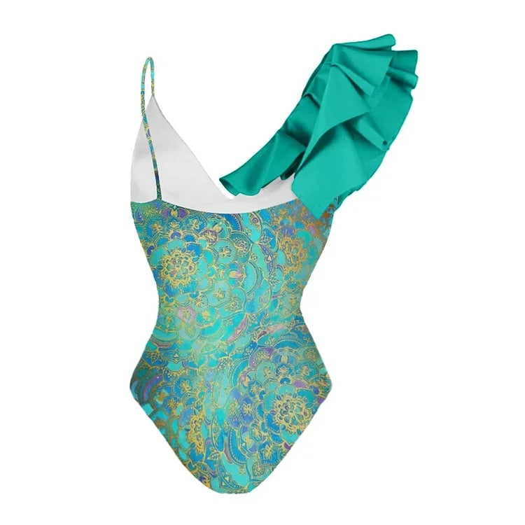 Maillot de bain une pièce à volants et col en V imprimé vintage swimgirls et paréo 