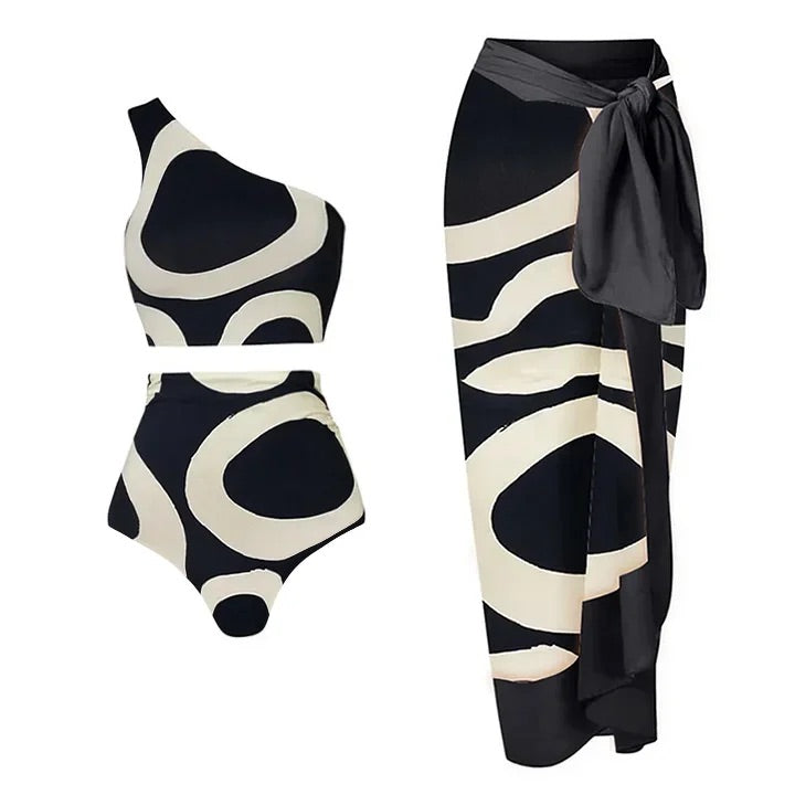 Maillot de bain bikini fendu à imprimé asymétrique et paréo 