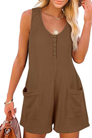 Summer Camping Waffle Fabric Button Up Pocketed Loose Romper