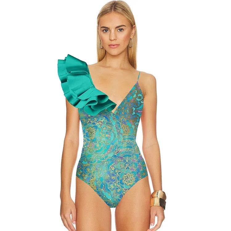 Maillot de bain une pièce à volants et col en V imprimé vintage swimgirls et paréo 