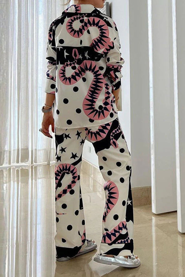 El Paraiso Creative Printed Oversize Pocket Shirt and Wide Leg Pants Set