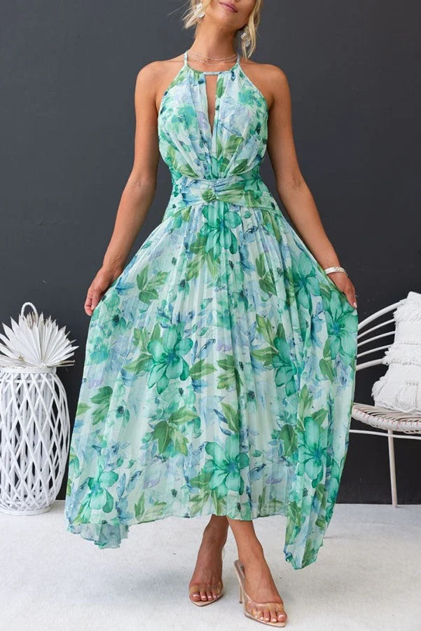 Sunny Forecast Floral Cutout Neck Pleated Midi Dress