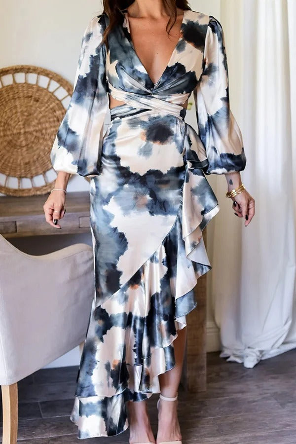 Robe longue fendue dos nu à volants et imprimé tie-dye, prête pour une soirée formelle