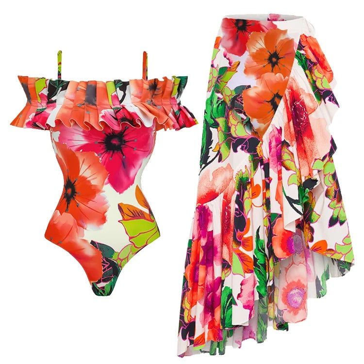 Maillot de bain une pièce imprimé à volants et épaules dénudées avec jupe 