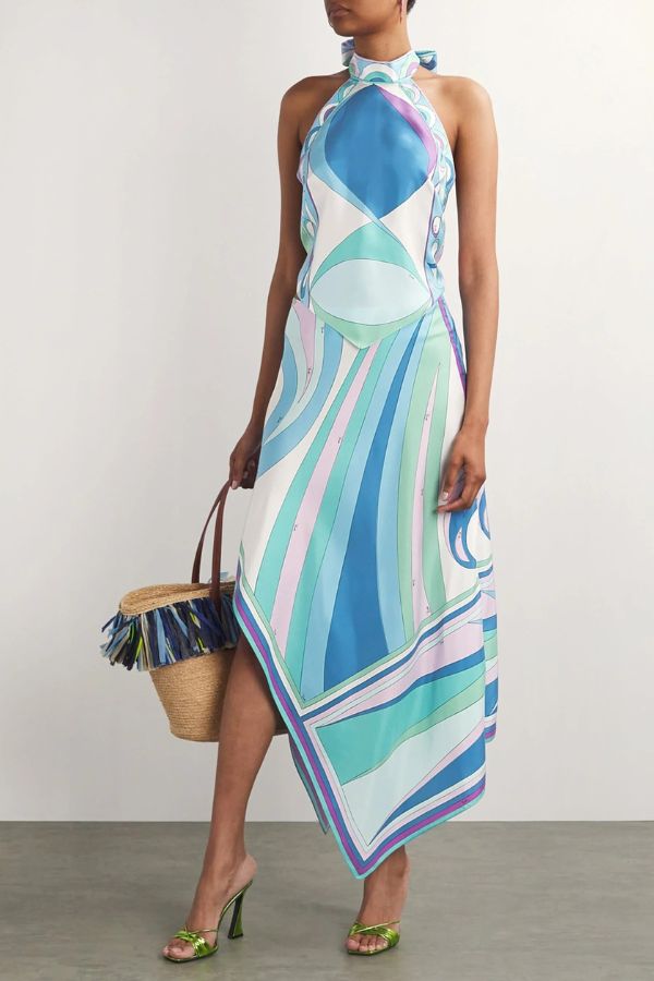 Ansela Satin Unique Print Halter Scarf Tank and Asymmetrical Maxi Skirt Set