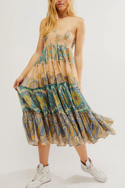 Dark Green Printed V-Neck Drawstring Midi Dress