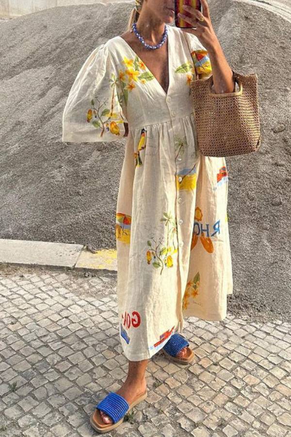 Bedrucktes Midikleid aus Leinen 
