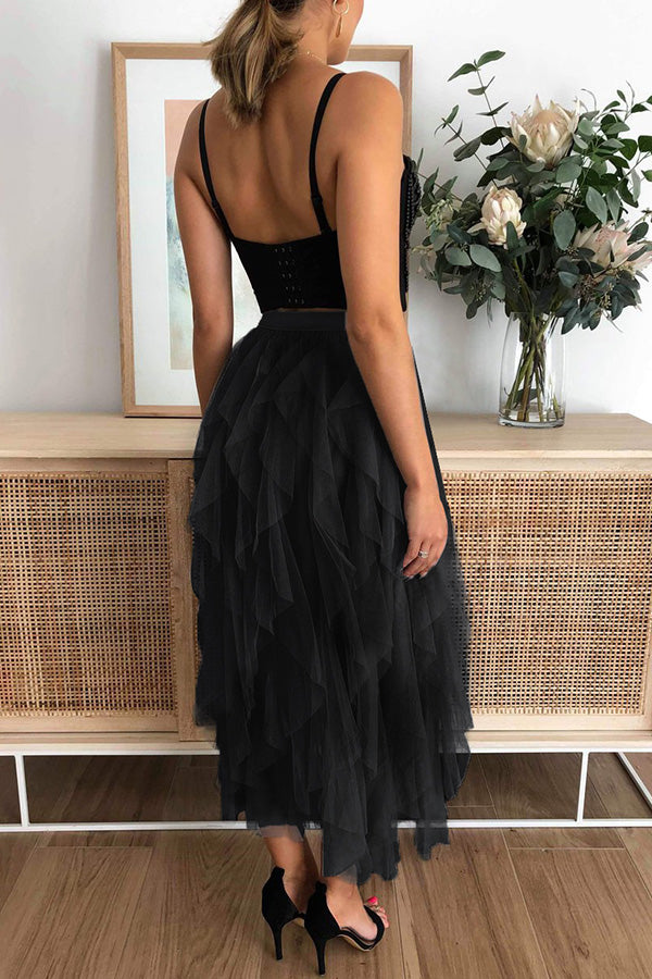 Jupe amincissante taille haute en maille bouffante de couleur unie à la mode