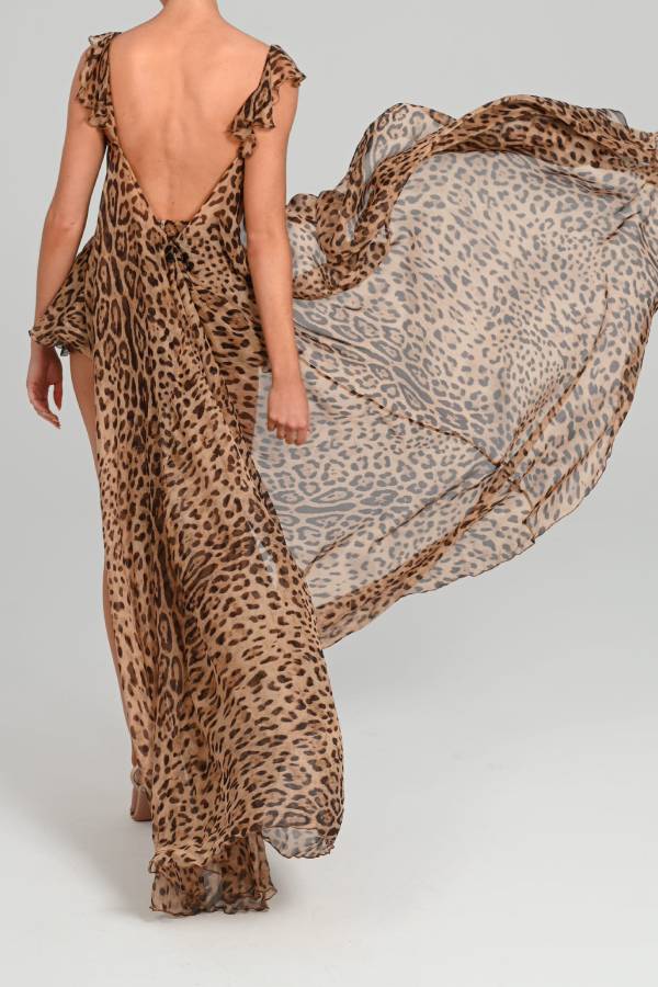 Immerse Vacation Leopard Tie-up Slit Midi Top and Elastic Waist Shorts Set