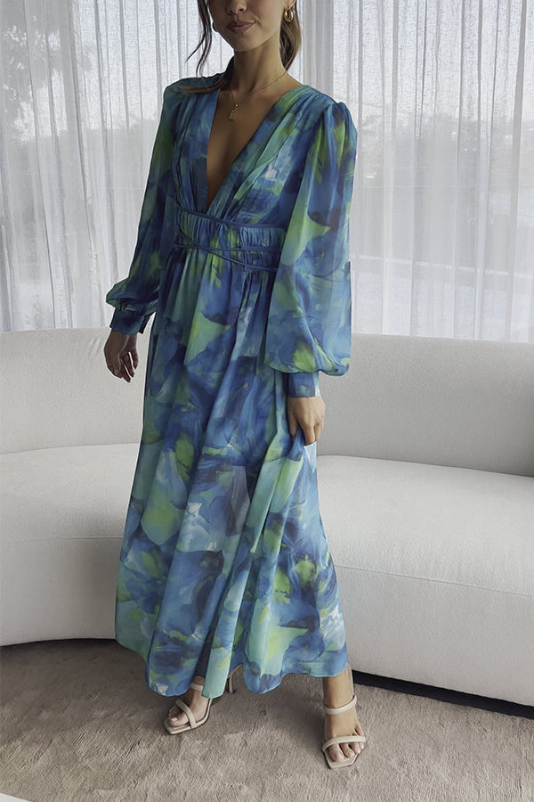 Kayla Blue Floral Bubble Long Sleeve Maxi Dress