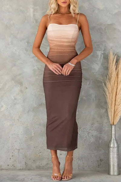 Timeless Sexy Mesh Gradient Ruched Cowl Neck Midi Dress