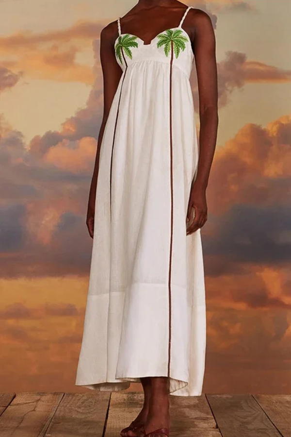 Plissiertes Tanktop-Maxikleid in A-Linie mit Kokosnussbaum-Muster